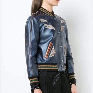 Coach Shrunken Leather Varsity Jacket In Metallic Cadet Blue I Size 2